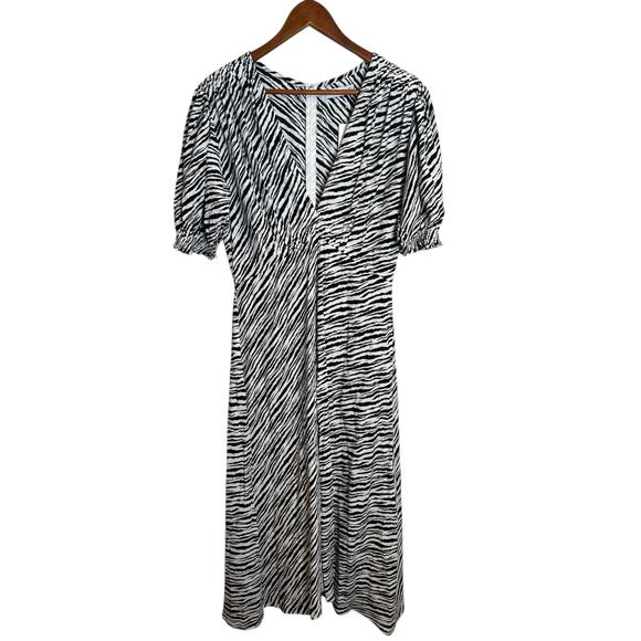 Faithfull The Brand NWT Marie Louise Animal Zebra Print Midi Puff Sleeve Dress - Picture 1 of 12